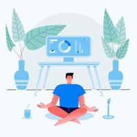 Businessman work from home and sits with crossed legs and meditates in the house. dressed in home clothes.  Vector flat illustration.