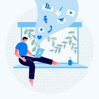 Freelancer or employee during distance work sits with laptop on the window sill near the window. Doing Multitask. Modern flat vector illustration.