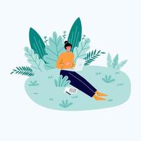 Relaxed freelancer girl sitting on On the Open space. Working for office in laptop with good natural places. Writing Some notes. Remote work. flat vector flat illustration.