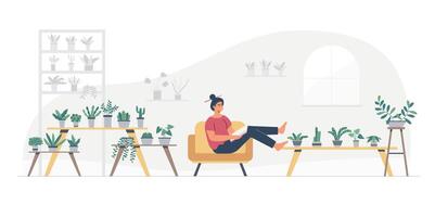 A man is spending his leisure time sitting in the garden of his house, flat vector illustration. Householding works and human activity banner.