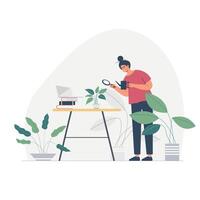 Busy housewife woman cartoon character looking at her plants inside the garden, flat vector illustration. Householding works and womens activity banner.