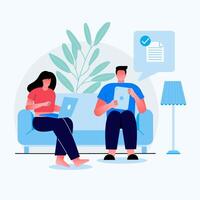 Young Girl and boy Sitting in Sofa. Girl work fo office and boy sending file to other through the tab computer. Cartoon Flat Vector Illustration