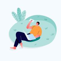 Relaxed freelancer guy sitting on On the Open space. Working in laptop with good natural places. Relax with tablet computer. Remote work. flat vector flat illustration.