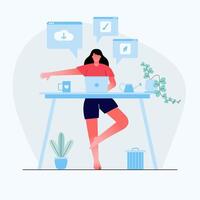 Businesswoman doing yoga to calm down the stressful emotion from hard work in home backside desk with business process icons on background. Concept of work and meditation. Modern vector illustration.