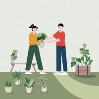 A boy helps a girl with various tasks in the garden. Flat vector illustration. Householding works and human activity banner.