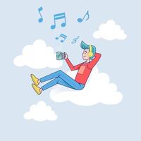 gran hombre aislado escuchando música en auriculares conectados al servidor en la nube con café. personaje de dibujos animados de ilustración vectorial con fondo claro vector