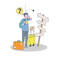 tourist man looking navigation confusing choose way with road sign, cartoon illustration for traveller and backpacker editable vector with white background