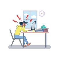 Big isolated Young woman work on a table in laptop. depressed , Thinking creative and problem solving Cartoon character vector illustration.