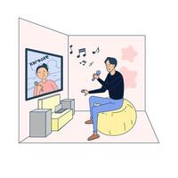 Young Man watching and Singing Song. Pop Art vector illustration with white background