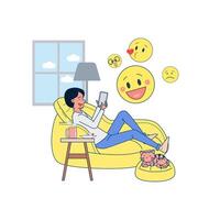 Big isolated Young man lying on a yellow-colored couch using  social media in mobile phone . Cartoon character vector illustration.