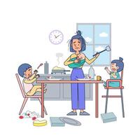 Big isolated young mom trying to feed breakfast three child. Illustration vector with white background.