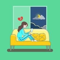 Upset woman with broken heart hold smartphone sitting on couch vector flat illustration. heart broken woman  have problem in relationship feeling hurt isolated. Depressed person see parting message
