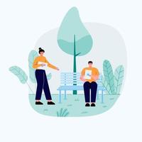 One Boy Sitting in the part on the bench and One girl is going to sitting bench. Both have tablet i their hand. flat vector flat illustration.