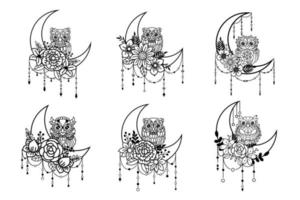 conjunto de ilustración de búho y luna creciente vector