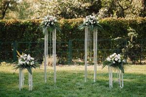 wedding ceremony in the woods among the trees on the green track photo