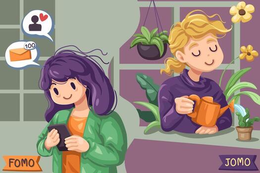 Fomo and Jomo concept. fear of missing out, joy of missing out vector
