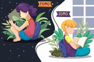 concepto de fomo y jomo. Miedo a perderse, alegría de perderse vector