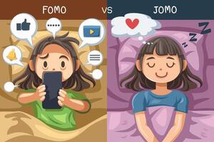 concepto de fomo y jomo. Miedo a perderse, alegría de perderse vector