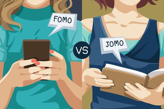 Fomo and Jomo concept. fear of missing out, joy of missing out vector