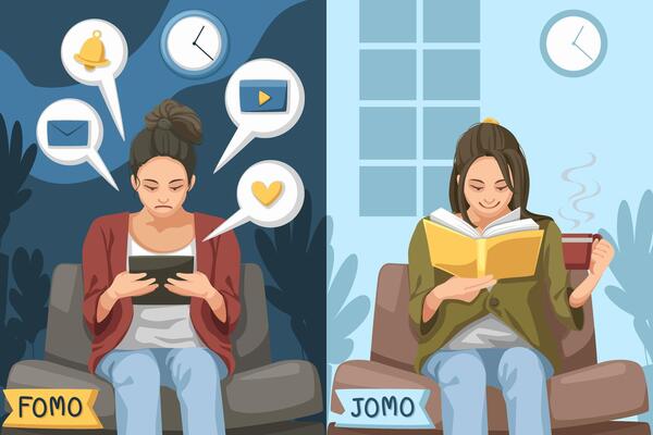 Fomo and Jomo concept. fear of missing out, joy of missing out