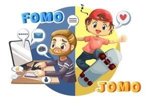 concepto de fomo y jomo. Miedo a perderse, alegría de perderse vector