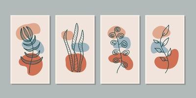 conjunto de arte botánico de la pared del vector. dibujo de arte de línea de follaje con forma abstracta. diseño de arte abstracto de plantas para impresión, portada, papel tapiz, arte de pared minimalista y natural. ilustración vectorial. vector