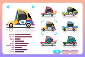 juego de carreras de coches en el menú de visualización para mejorar el rendimiento del coche del jugador del juego. vector