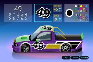 When game start player can select racing car in game library and tune up performance of racing car. vector