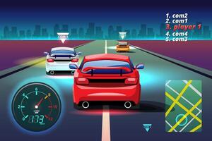 In game competition continue player used high speed car for win in racing game. competition e-sport car racing. vector