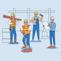 Equipo de constructores y trabajadores industriales contratistas parados juntos en el lugar de trabajo. vector