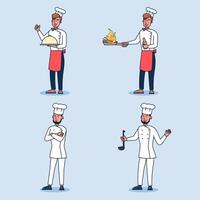 Conjunto de un chef personaje con uniforme de chef y acción de sombrero en varias poses vector