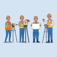 Foreman plans construction work with a team of surveyors with multiple theodolites. vector