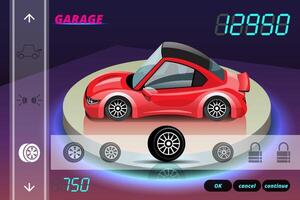 Car racing game in display menu juning for upgrade performance car of game player. vector