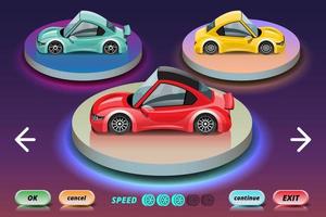 Car racing game in display menu juning for upgrade performance car of game player. vector