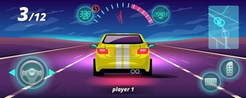 In game competition continue player used high speed car for win in racing game. competition e-sport car racing.