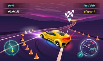 Car racing game in display menu juning for upgrade performance car of game player. vector