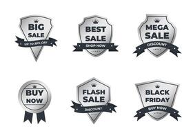 Set of silver retro vintage sale logo badges on a gray background vector