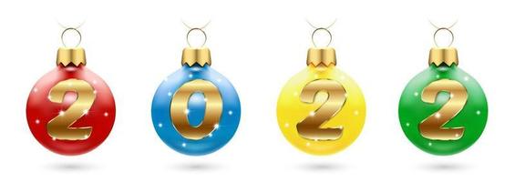 Christmas decorations with numbers 2022 - balls with sparkling diamonds. Happy New Year and Merry Christmas greetings. A set of four toys in different colors. Isolated on a white background. Vector illustration.