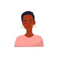 African woman with short haircut with closed eyes, vector illustration in flat style, cartoon