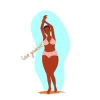 African American woman with closed eyes in a bathing suit with arms raised, body positive, vector illustration in flat style. Cartoon