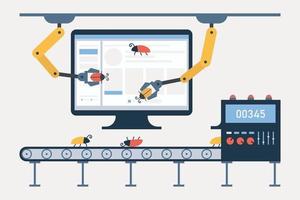 pruebas automatizadas. concepto de probador automático de software. depuración y garantía de calidad. computadora, transportador para insectos, brazos robóticos y sistema de seguimiento de defectos vector