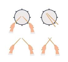 Hand drawn drum and hands holding drumsticks. Top view. Vector llustration in flat and cartoon style on white background