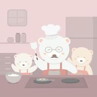 familia de osos preparándose para la fiesta del día del padre padre oso va a la cocina a cocinar para el día del padre. vector