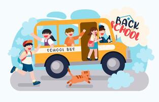 Welcome Back to school with funny school characters flat vector illustration.