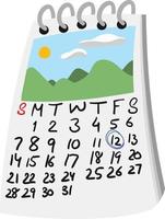 Cartoon style travel Calendar with date circled and travel picture on top.