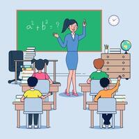 Female teacher standing teach math by school chalkboard vector