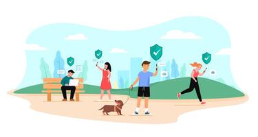 People resting in park use mobile phone in everyday activities. vector