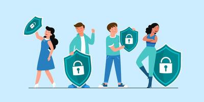 Happy people holding security shield protection personal data vector