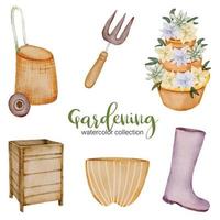 Gardening in watercolor collection flat vector on white background