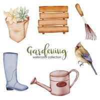 Gardening in watercolor collection flat vector on white background